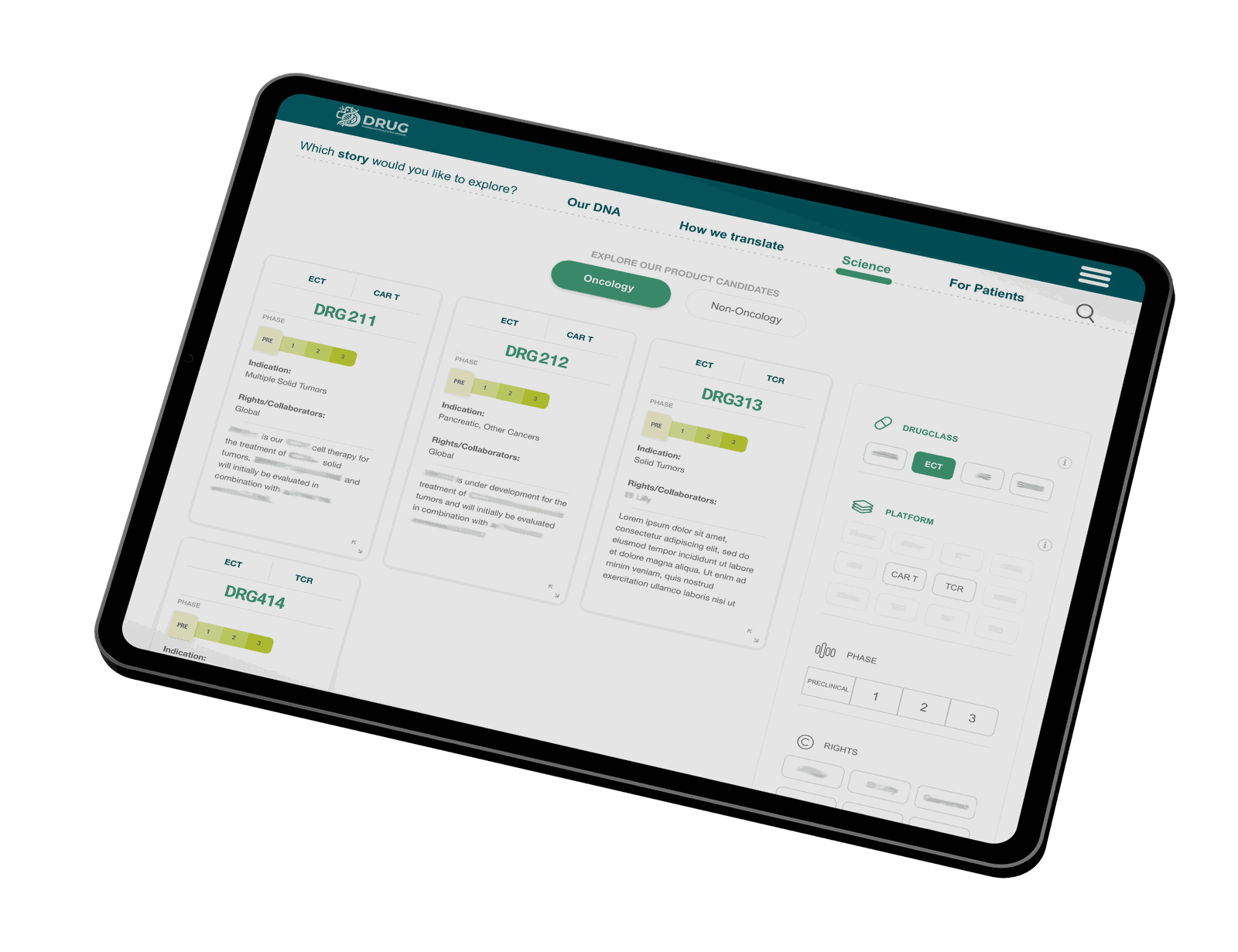 Pipeline farmaceutica navigabile su tablet: matrice di composti filtrabile